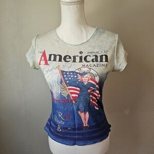 American Magazine Graphic Tee — Patriotic Red, White & Blue Women’s Top